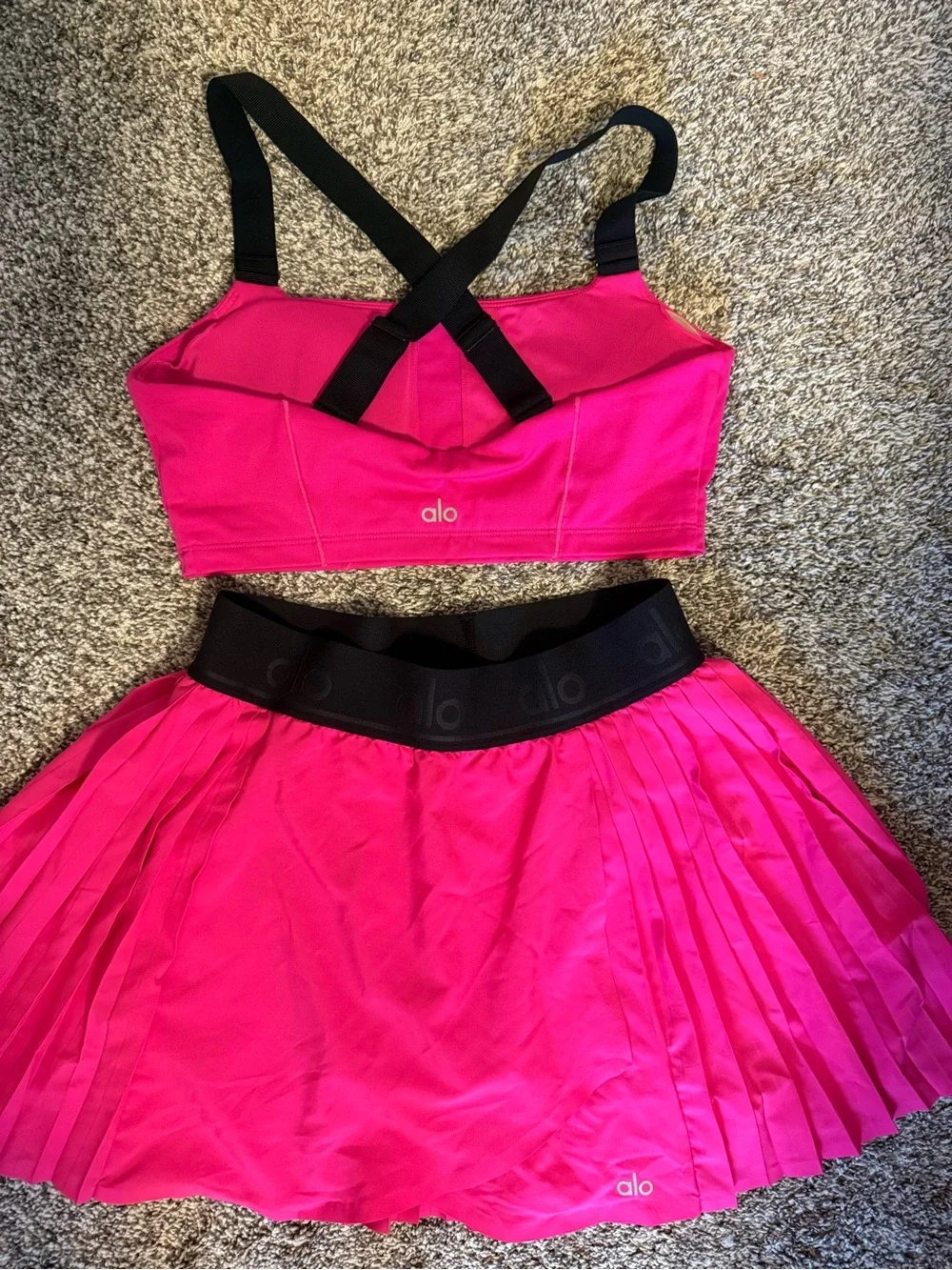 ALO Yoga Hot Pink Pleated Skater Skirt with Black Elastic Waistband